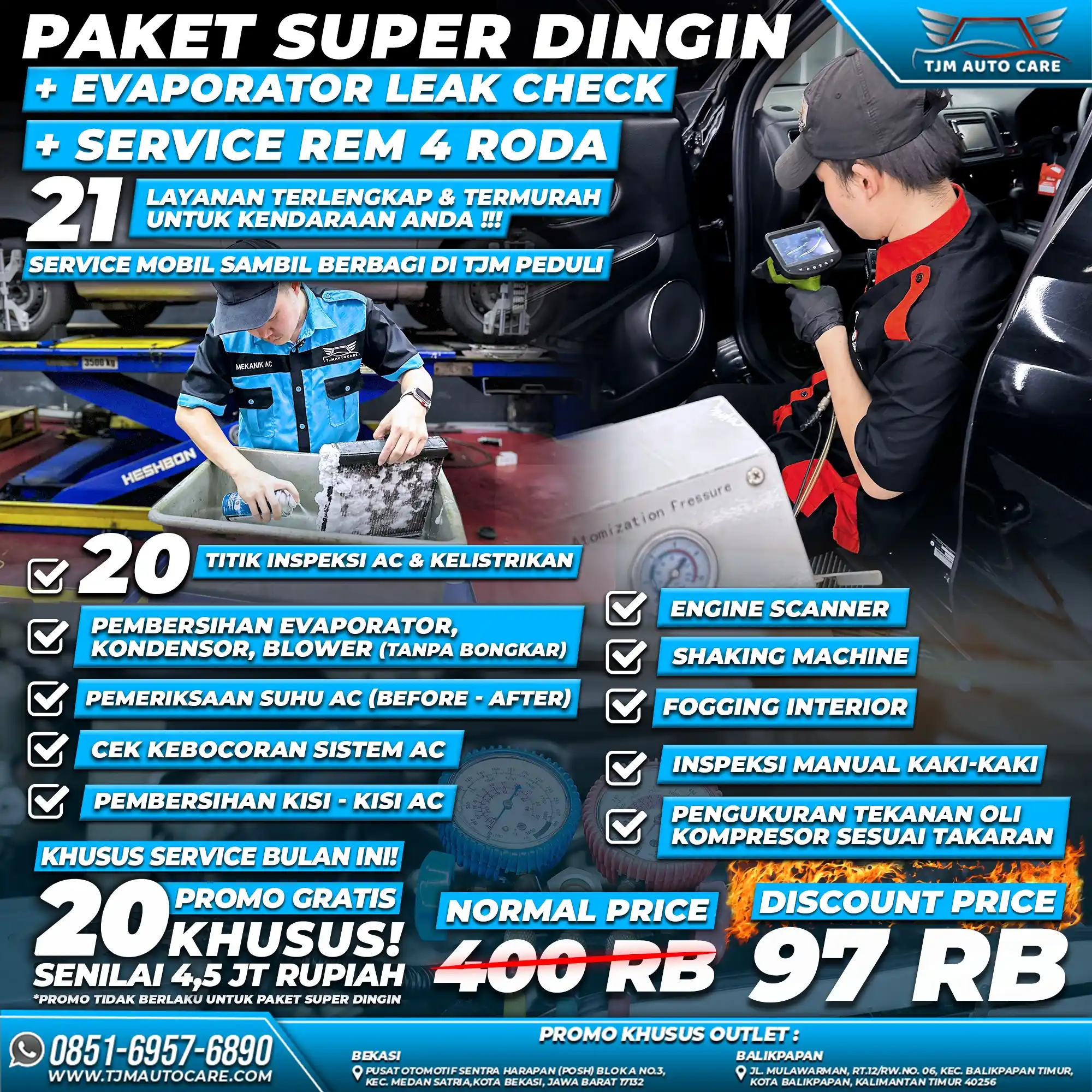 Paket Super Dingin + Evaporator Leak Check + Service Rem 4 Roda